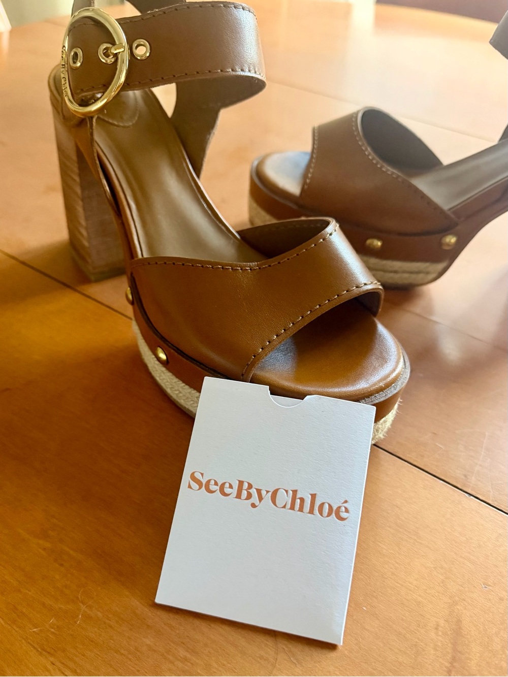See By Chloe Tan Leather Platform Wedge Sandals with Gold Buckle